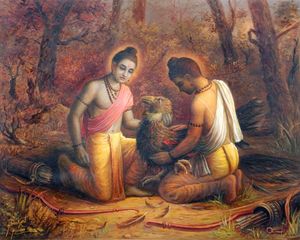 라마와 락슈마나가 죽어가는 자타유를 만난다.