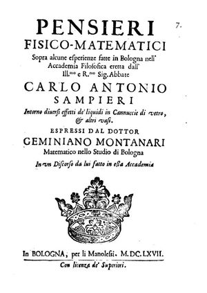 1667년 Pensieri fisico-matematici intorno diversi effetti de' liquidi in cannuccie di vetro e altri vasi