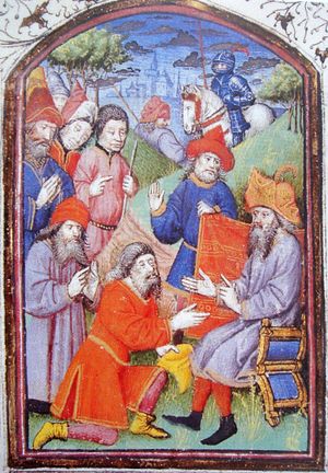 카라코룸에서 몽골인의 환영을 받는 헤툼 1세 (오른쪽 끝)