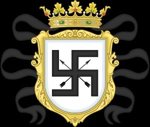 하세쿠라 쓰네나가의 공식 문장. 흰색 방패에 불교 만자와 두 개의 화살이 교차되어 있으며, 오렌지색 배경 위에 왕관이 놓여 있다.