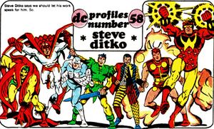 딧코의 다양한 DC 코믹스 캐릭터들. 1980년 4월 표지 날짜가 찍힌 만화에 실린 "DC 프로필" 전기 페이지에서 가져온 것으로, 배트맨 #322와 슈퍼히어로 군단 #262를 포함한다. 왼쪽부터: 크리퍼; 호크와 도브; 스토커; 오드 맨; 셰이드, 체인징 맨; 스타맨.