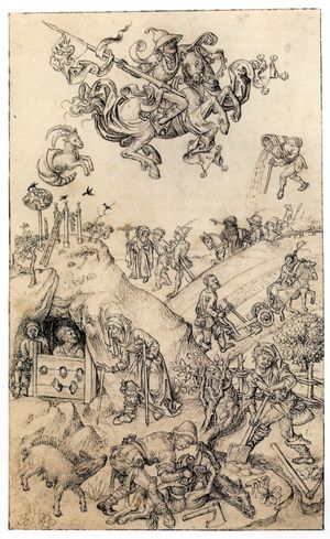 15-16세기에 유행한 출생 시 별의 위치가 그 사람의 체액의 불균형이나 기질을 결정한다는 사상 "행성과 그 아이들"의 "토성과 그 아이들" 그림(15세기)