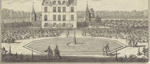 1700년경 유트레히트(Utrecht)의 네덜란드 성 정원 인쇄물 세부 사항