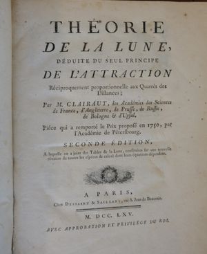 클레로의 저서 Théorie de la Lune & Tables de la Lune (달 이론과 달의 표), 1765년판