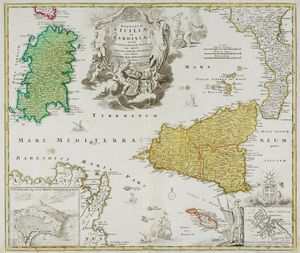 1720년 지도에 표시된 사르디니아(녹색)와 시칠리아(노란색).