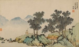 심주(沈周)의 낙화의 시적 감흥. 앨범 잎, 먹과 채색, 종이, 35.9 x 60.1 cm. 난징박물관, 중국.