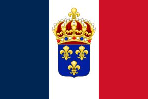 왕관과 플뢰르 드 리스트가 새겨진 프랑스 삼색기. 앙리가 젊었을 때 타협안으로 고안했을 가능성이 있다.