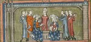 1223년 랭스에서 루이 8세와 카스티야의 블랑슈의 대관식, 《프랑스 대연대기》 미니어처, 1332년경~1350년 (프랑스 국립 도서관)