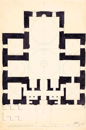 부르사의 녹색 모스크(1412~1424)의 평면도는 중앙 돔 공간에서 갈라지는 세 개의 돔형 이완을 특징으로 하는 "T자형" 유형의 예를 보여준다. 가장 큰 이완은 키블라(상단) 방향으로 정렬되어 있다.