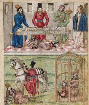 바예지드의 굴욕적인 모습으로 추정되는 그림; 그의 아내 올리베라 데스피나(Olivera Despina)가 티무르의 연회에서 반라 상태로 서 있다. (16세기 독일 알부스 아미코룸(album amicorum))