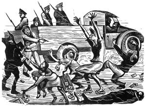 황룽찬의 목판화, 1947년 2·28 사건 학살을 묘사한 "끔찍한 검사"