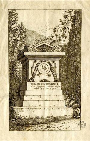 현재 바스티옹 공원인 당시 플랑트 공원에 있던 보네의 묘를 묘사한 19세기 초의 그림. 나중에 제거되었고 현재는 행방불명이다. 제네바 도서관 소장품에서 가져옴.