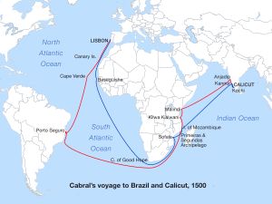카브랄의 1500년 인도 원정 항로. 포르투갈에서 출발하는 왕복 항로는 빨간색, 귀환 항로는 파란색으로 표시되어 있다.