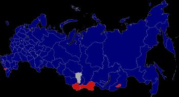 1991년 러시아 대통령 선거 결과. 파란색은 옐친, 빨간색은 리시코프, 회색은 툴레예프가 가장 많은 표를 얻은 지역.