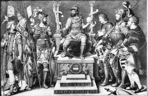 패배한 적들 위에 즉위한 카를 5세 (왼쪽부터): 술레이만, 클레멘스 7세, 프랑수아 1세, 클레베 공작 빌헬름, 작센 공작 요한 프리드리히 1세 그리고 헤세 선제후 필립 1세. 율리오 클로비오 작, 16세기 중반.