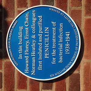 옥스퍼드의 윌리엄 던 병리학교에서 페니실린의 분리 및 정제를 기념하는 푸른 명판