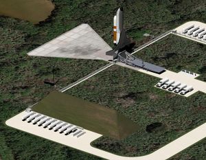 보잉(Boeing)의 XS-1 팬텀 익스프레스(XS-1 Phantom Express) 발사체를 렌더링한 모습. 발사장 48에서 발사될 예정이다.