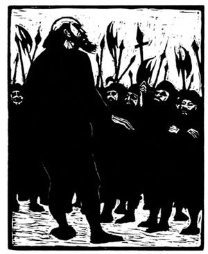 “단원 해산”, 하인리히 폰 클라이스트의 『미하엘 콜하스』를 위한 목판화 (1953/2003), 야코프 핀스