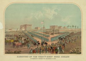 1862년 다코타 전쟁 이후 수족 전사들의 집단 처형이 영화에 묘사되어 있다.