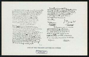 아널드의 암호 편지 중 하나. 아널드가 작성한 암호문 줄과 그의 아내 페기가 작성한 줄이 섞여 있다.