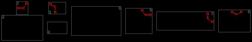 중요한 알데하이드 및 관련 화합물. 알데하이드기(포르밀기)는 빨간색으로 표시되어 있다. 왼쪽부터 포름알데하이드, 아세트알데하이드, 신남알데하이드, 바닐린 등이 있다.