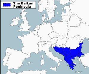도나우 강-사바 강-쿠파 강 선으로 정의된 발칸 반도 지도