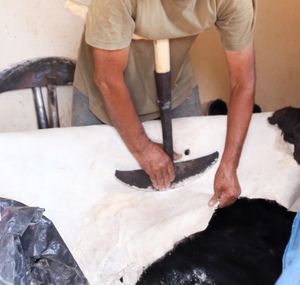 모로코 마라케시에서 동물 가죽을 청소하는 사람 (2019년 9월)