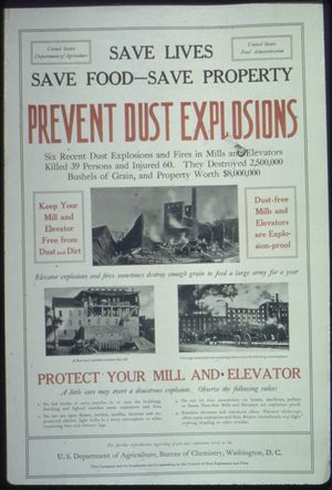 제1차 세계 대전 당시 미국의 이 포스터는 곡물 분진 폭발에 대한 경고를 담고 있다