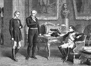 1866년 그림. 슈타프스가 나폴레옹과 그의 의사 장-니콜라 코르비사르에게 심문받는 모습. 실제로는 장 라프 장군이 통역을 했다.