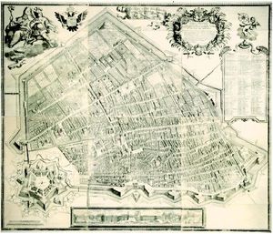 중세 성벽과 별 모양 요새를 보여주는 도시 배치도