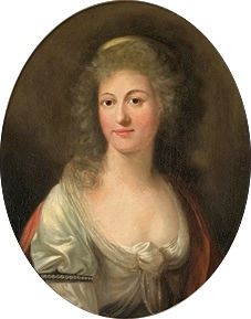 젊은 금발 여성이 생각에 잠긴 듯 바라보고 있다. 그녀는 가슴 부분이 매듭으로 묶인 밝은 색 드레스와 어깨에서 일부 흘러내린 붉은 숄을 걸치고 있다.