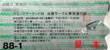 코믹마켓 88의 동그라미 티켓. 이 티켓은 위조 방지를 위해 홀로그램을 사용하며, 다른 사람에게 되파는 것을 방지하기 위해 참가자의 개인 정보(흐릿하게 처리됨)가 포함되어 있다.