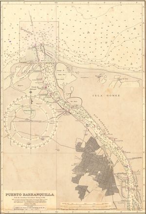 1941년 조사 자료에서 발췌한 바랑키야 항(Puerto Barranquilla)의 해도. 세관과 송수관이 표시되어 있다.