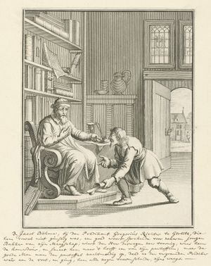 요셉 멀더(Joseph Mulder) 그림(암스테르담, 1686): 야코프 뵈메와 괴를리츠의 설교자 그레고리우스 릭터의 일화를 묘사.