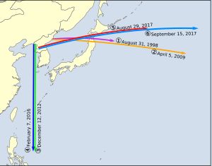 일본 상공을 통과한 조선민주주의인민공화국의 미사일. ⑤가 이번에 발사된 미사일