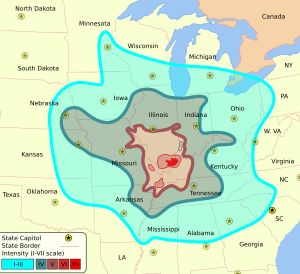 1968년 일리노이 지진의 등진도선 지도. 진동의 불규칙적인 분포는 지질 및 지반 조건의 변화로 인해 발생한다.
