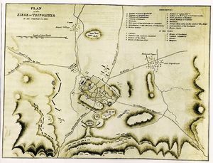 트리폴리스 공성전 계획. 도시를 포위한 콜로코트로니스 부대의 파견대는 "O" 문자로 표시되어 있다.