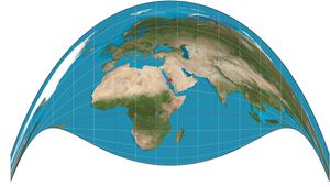 메카를 중심으로 한 크레이그 역방위도법을 사용하여 생성된 지도. 대부분의 지도 투영과 달리 지도상의 다른 모든 지점에서 중심으로의 방향을 유지합니다.