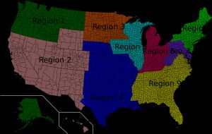 9개의 ELCA 지역 지도. 슬로바크 시온 시노드는 7지역에 속하고, 바하마와 카리브해는 9지역에 속한다.
