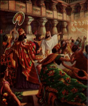 아돌프 훌트(1919)가 그린 "벽에 쓰인 글씨"를 보는 벨사살의 모습