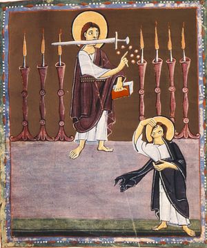 요한의 환상에서 일곱 촛대 사이에 칼을 든 "사람의 아들 같은 이". 밤베르크 묵시록, 11세기.