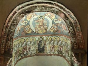 "영광 중의 그리스도(판크라토르)", 서기 6~8세기경, 바윗 수도원 벽화. 콥트식 성화는 요한계시록의 많은 요소들을 보여준다.