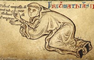 수도사 차림으로 무릎을 꿇고 있는 매튜 파리의 자화상. 그는 존 왕 통치 시대의 초기 역사가 중 한 명이었다.