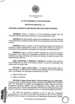 2015년 네그로스 섬 지방을 설립하는 행정 명령 183의 첫 페이지. 이 지방은 2017년에 해체되었다.