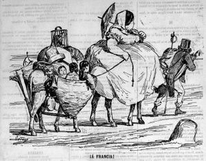 프랑스로! 1868년 10월 4일 Gil Blas에 실린 이사벨라의 망명을 묘사한 프란시스코 오르테고의 풍자화