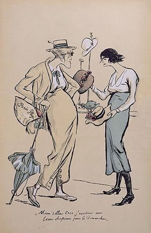  자신의 모자 가게에 있는 샤넬(오른쪽, 1919년). 세임(Sem)의 풍자화.