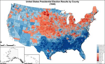 우세 후보의 득표율을 명확히 나타낸, 카운티별 결과. 파란색 계열은 루스벨트(민주당), 빨간색 계열은 윌키(공화당)를 나타낸다.