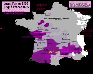 16세기 프랑스 종교 지도. 위그노 귀족 통제 지역은 보라색, 가톨릭 귀족 통제 지역은 회색, 분쟁 지역은 연보라색, 루터교 다수 지역은 파란색으로 표시되었다.