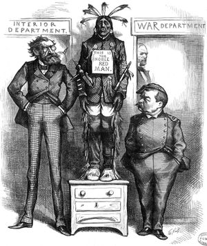 1878년 12월 21일, 셰리던과 내무부 장관 카를 슈르츠(Carl Schurz)를 묘사한 Harper's Weekly의 만화