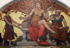 입법에서의 이해 상충; 가난한 사람들의 이익과 부유한 사람들의 이익. 부패한 입법의 의인화가 돈가방을 짊어지고 가난의 호소를 거부하고 있다.